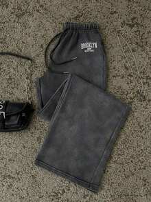 Pantalones de chándal de pierna recta y cintura baja para mujer, apropiados para el verano, con efecto lavado - Negro 4 - Ver 5