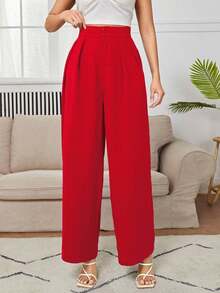 Pantalones Largos Sólidos Para Mujeres Con Diseño De Botones - Rojo - Ver 3