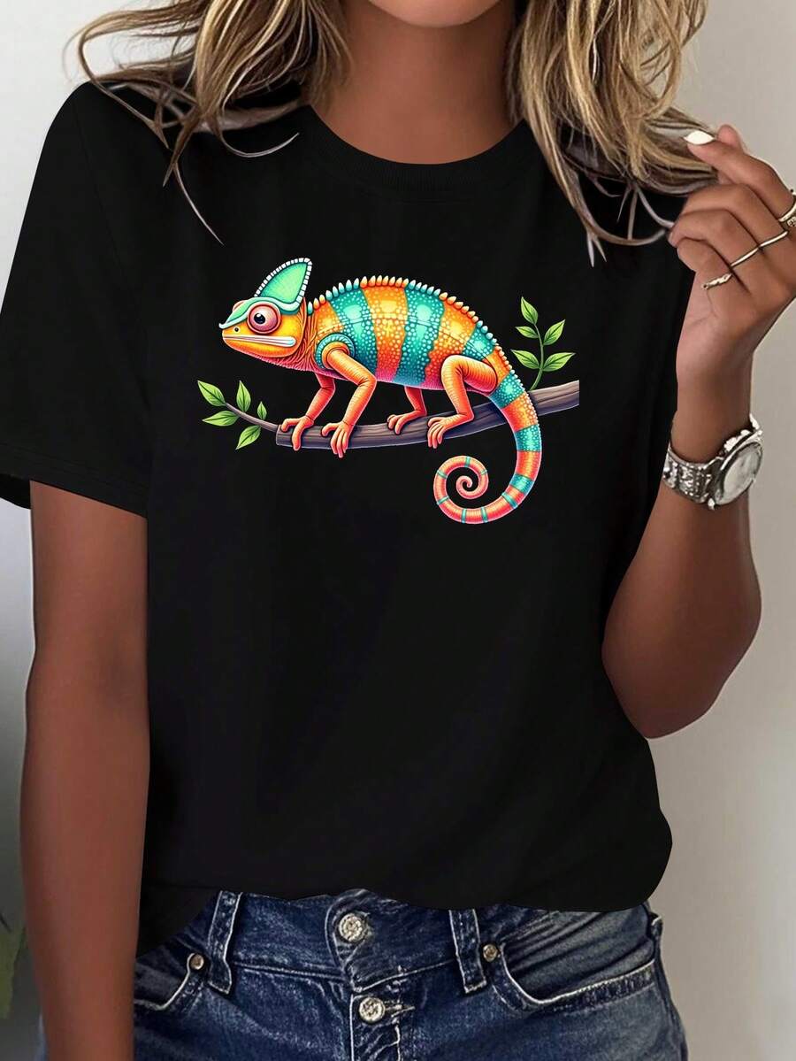 Camiseta de algodón puro para mujer con estampado de ramas de camaleón - Top casual suave y transpirable, con diseño realista de lagarto para uso diario, camiseta lavable a máquina, blusa casual para mujer. - Negro - Ver 1