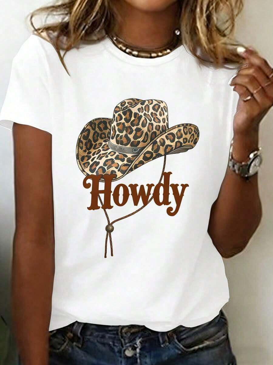 Women's 100% Cotton Graphic T-Shirt With Leopard Print, Western Style - Short Sleeve, Crew Neck, Casual Western Style With Cursive Lettering, White And Brown Animal Print, Comfortable Fit For All Seasons, Ideal For Spring And Summer Outfits, Themed Events And Casual Wear, Weekend Style, Durable T-Shirt, For Fashion Lovers - 白色 - 查看 1