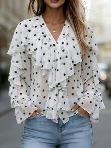 Buzzelle Elestia Women's Elegant Romantic V-Neck Lantern Sleeve Ruffle Polka Dot Chiffon Blouse, Casual Semi-Sheer Boho Vacation Outing Top, Spring Summer Fall - Black and White - View 2