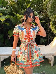 Vestido de línea A con botones delanteros y estampado tropical bohemio - Multicolor - Ver 11