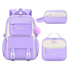 3pcs Set: Backpack + Handbag + Pouch, Colorblock School Style, Pom Pom Decor, Multi-Compartment, Large Capacity, Suitable For Daily Commute And Travel - Sets - View 1