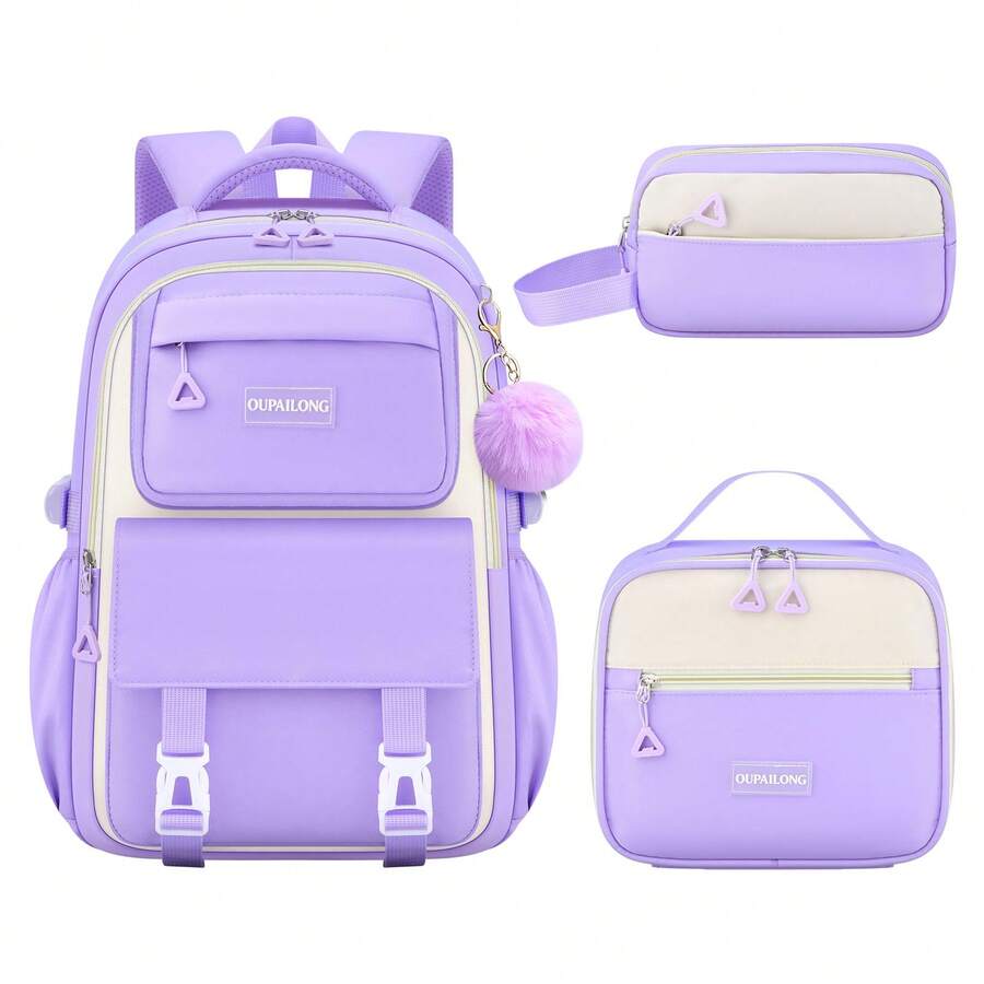 3pcs Set: Backpack + Handbag + Pouch, Colorblock School Style, Pom Pom Decor, Multi-Compartment, Large Capacity, Suitable For Daily Commute And Travel - Sets - View 1