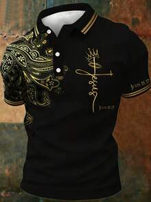 Unique Men's Graphic Print Polo Soft Fabric Cotton-Feel Comfy Collared Tee Vibrant Personalized Vibe Party - Black - View 1