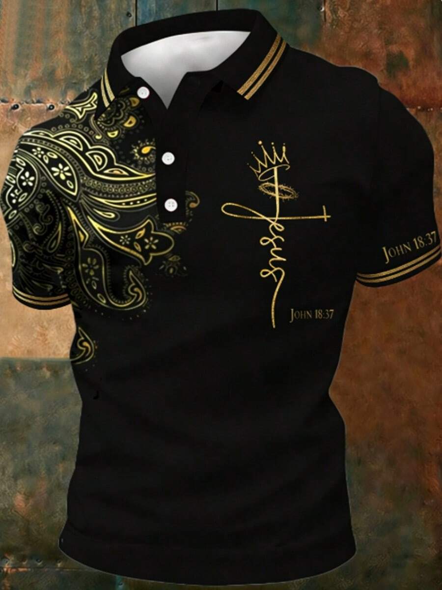 Unique Men's Graphic Print Polo Soft Fabric Cotton-Feel Comfy Collared Tee Vibrant Personalized Vibe Party - Black - View 1