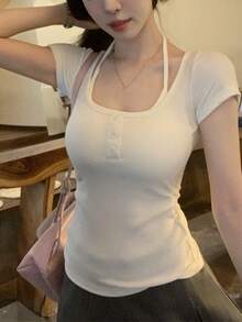 Áo thun không tay cổ yếm cho nữ, thiết kế ôm eo, có đệm ngực, kiểu dáng đa năng cho mùa hè. - Hồng - Xem 3