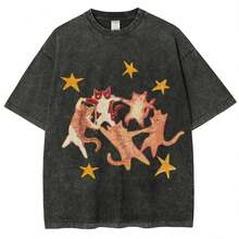 Five Cats Unisex Vintage Washed T Shirt Oversized Colorful Streetwear Featuring Natural And  Printsblouse For Women, Women,Ontre,Cute Tops,Summer Top,Tops For Women Classy - Black-washable Shirt - View 2