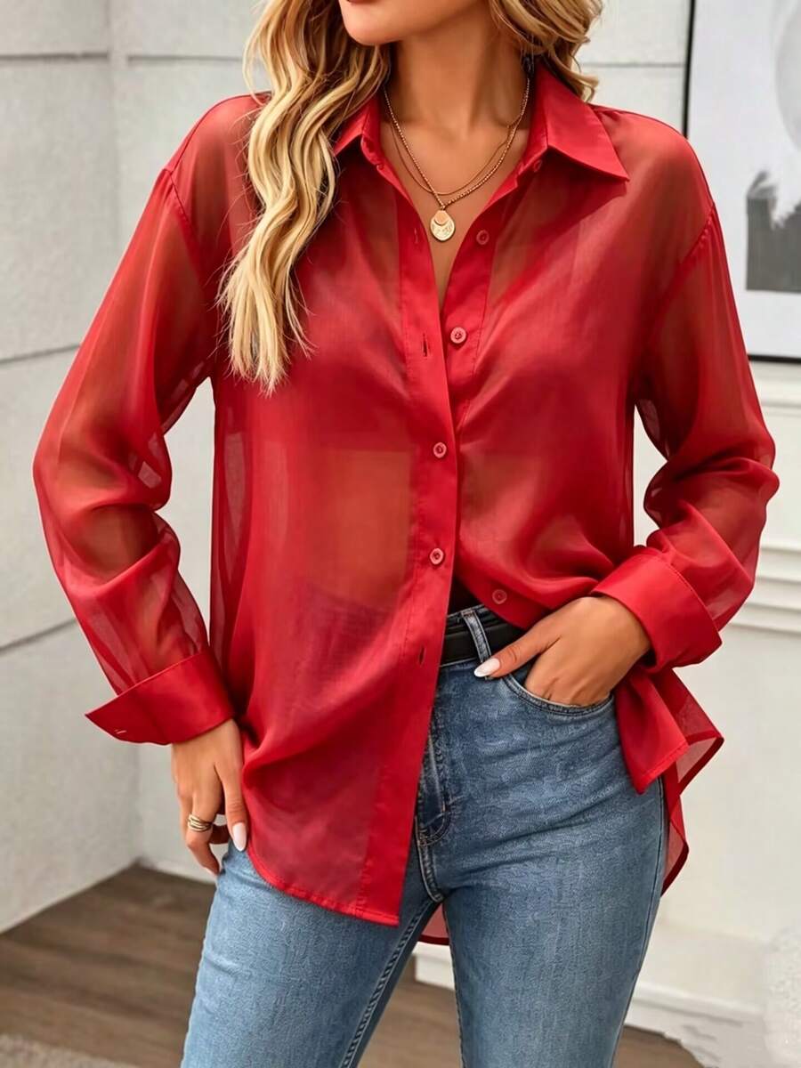 Women's Solid Color Versatile Single-Breasted Semi-Sheer Long Sleeve Shirt, Suitable For Commuting And Office Red - Red - View 1