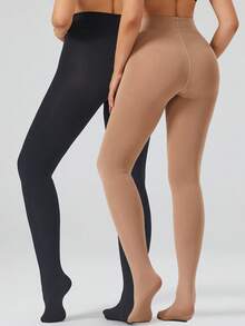 1/2雙女款冬季純色極簡風抓絨內裡保暖緊身褲，時尚修身高彈力保暖內搭褲 - 彩色 - 查看 17