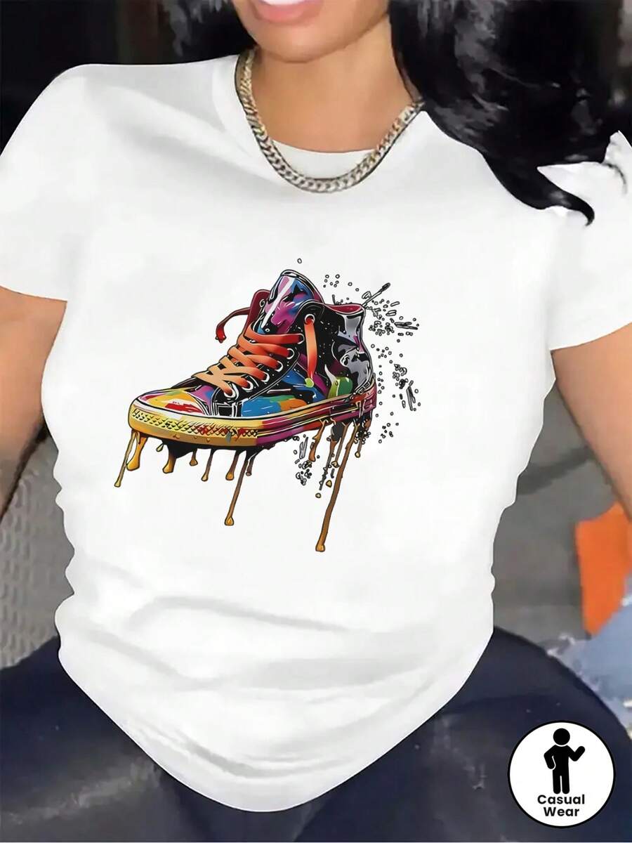 Camiseta de manga corta, diseñada con un colorido estampado de zapatillas deportivas.| Ligero y duradero, adecuado para el hogar, la oficina o para uso casual al aire libre, con estampados artísticos vibrantes y un ajuste cómodo, con un diseño de cuello redondo. - Blanco - Ver 1