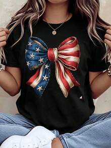 1 pieza Camiseta Patriótica con Lazo de Bandera Americana para Mujer, Diseño Gráfico Casual para Celebración del Día de la Independencia, Atuendo para Fiesta del 4 de Julio, Diseño de Estrellas y Rayas Rojas, Blancas y Azules, 220g/180g Algodón 100%. - Negro - Ver 1