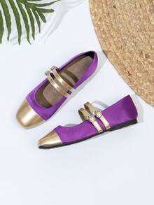 Square Toe Mary Jane Shoes, Gold Patchwork, Double Strap, School Uniform Shoes, Versatile All Season Plus Size Loafers - Purple - View 6