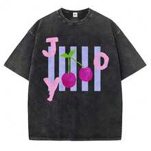 Camiseta con Estampado de Cereza Joy, Camiseta Retro Lavada con Diseño de Fruta para un Estilo Casual y Positivo - Negro - Ver 1