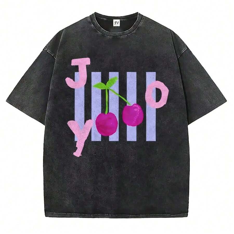 Camiseta con Estampado de Cereza Joy, Camiseta Retro Lavada con Diseño de Fruta para un Estilo Casual y Positivo - Negro - Ver 1