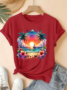 Camiseta de manga corta y cuello redondo con estampado vintage de velero, atardecer degradado, flores, conchas marinas y cocotero, estilo fresco inspirado en el bosque, prenda holgada, moda elegante de fiesta para primavera/verano 2026, ropa de mujer versátil para el día a día - [Rojo] - Ver 6