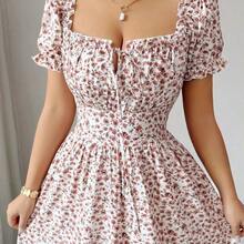 YijiaNvz  Nuevo vestido de mujer con estampado digital, mangas abullonadas, nudo delantero, espalda descubierta y cintura ceñida. Elegante y chic para vacaciones, citas, estilizador y adelgazante - Rosa - Ver 4