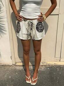 Pantalones cortos de mujer con cintura con cordón, estampado de rayas azules y conchas y estrellas de mar, para primavera/verano y vacaciones - Multicolor 2 - Ver 7