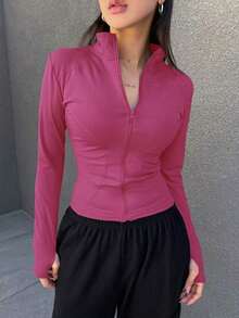 Chaqueta con cremallera y manga larga, ropa de mujer de otoño - Rosa Fucsia - Ver 6