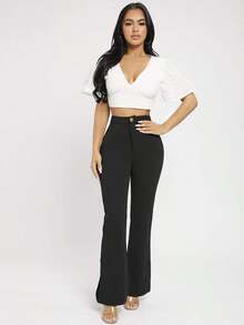 PETITE Pantalones negros de mujer de cintura alta y pierna acampanada - Negro - Ver 5