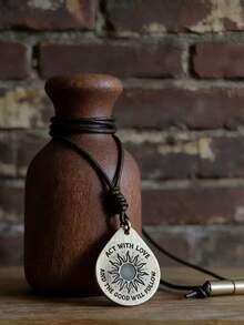 1pc Copper Sun Pendant Love & Kindness | Inspirational Necklace | Teardrop Copper Charm | Adjustable Leather Cord - Multicolor - View 2