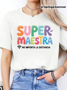 Blusa casual para mujer con estampado de letras en español, camiseta casual de primavera/verano, camiseta deportiva de manga corta con cuello redondo, tops de algodón para mujer. - Verde - Ver 6