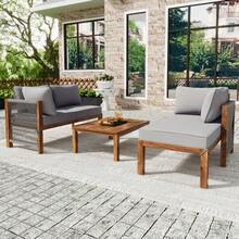 Garden Lounger Set (3 Pieces), Acacia Wood Frame, Grey Rope Armrests, L-Shaped Garden Furniture Set With Adjustable Legs, 2 Two-Seater Armchairs And 1 Table (Previous Reference: HW24015AAA) - 灰色 - 查看 4