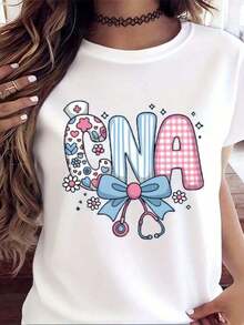 CNA Nurse T-Shirt For Women, Cute Medical T-Shirt With Bow And Stethoscope Design, Perfect For Certified Nursing Assistants, Healthcare Workers, Nurses Day Or Gift For Medical Professionals. Breathable And Comfortable. - 白色 - 查看 5