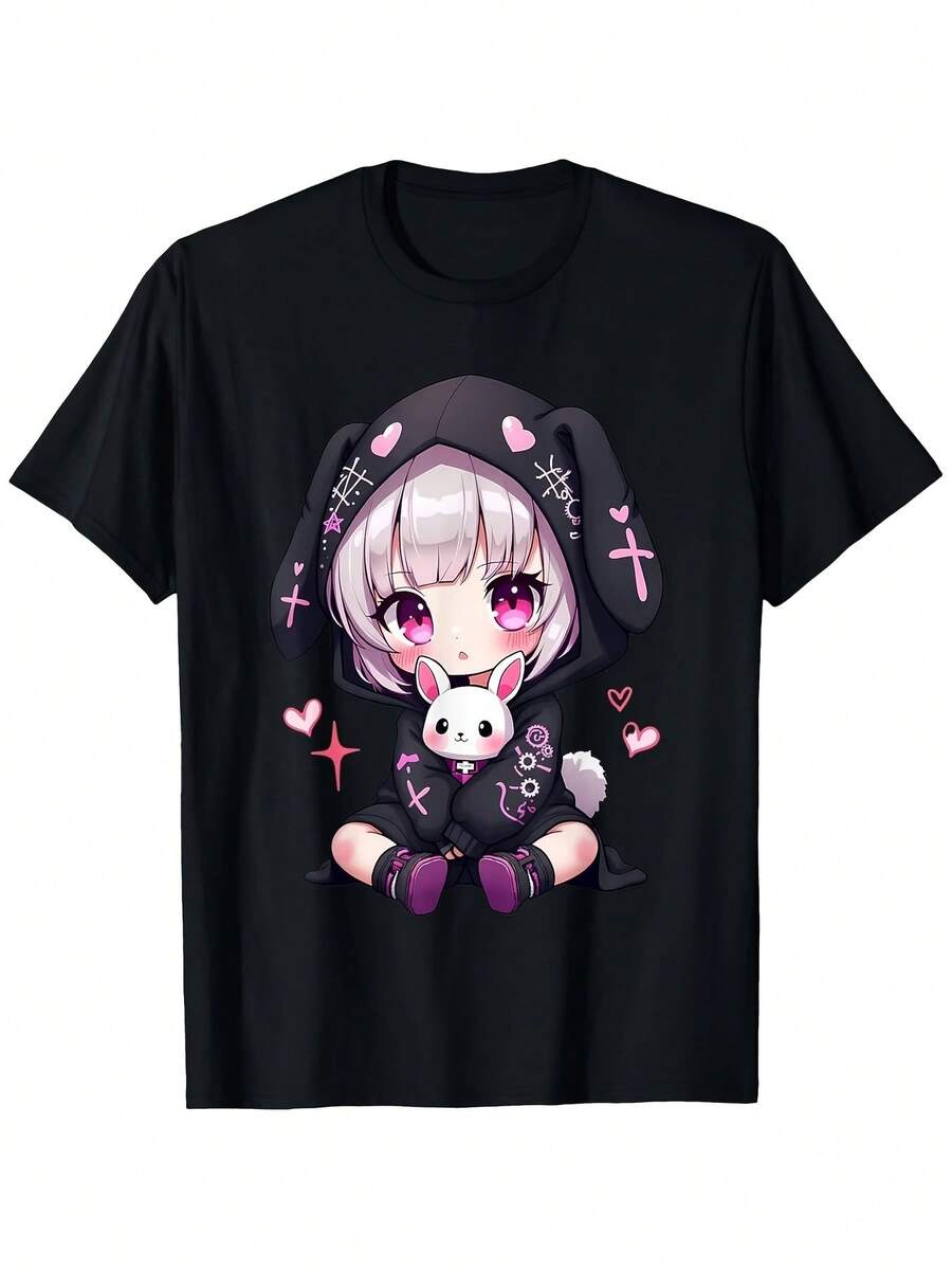 Camiseta Casual de Manga Corta para Mujer con Estampado Inspirado en Anime - Diseño de Orejas de Conejito y Corazones, Cuello Redondo Suave y Transpirable, Lavable aáquina, para Primavera y VeranoDaily Casual Round Neck Short Sleeve-Shirt Women - Negro - Ver 1