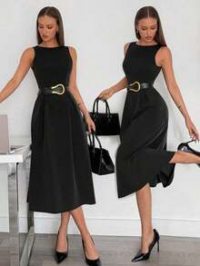 XHESiren Gaze Vestido midi con cintura alta, gris, sin mangas, corte evasé y bolsillos, conjunto de tono gris para mujerXHE - Negro - Ver 6