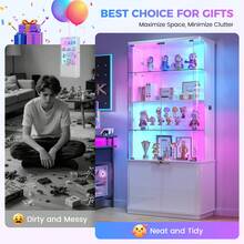 HWB 71" Tall RGB Display Cabinet With Glass Door, 6-Tier Rounded Curio Cabinet With Adjustable Shelves For Collectibles, Locking Trophy Display Case With LED Lights For Figures/Helmet/Football,White - White - View 7
