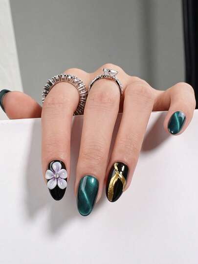 10 Pcs Green Cat Eye Press On Nails, Medium Almond Fake Nails, 3D White Flower & Gold Ribbon Design, Black Green Glossy Full Cover Reusable Glue On Nails For Women