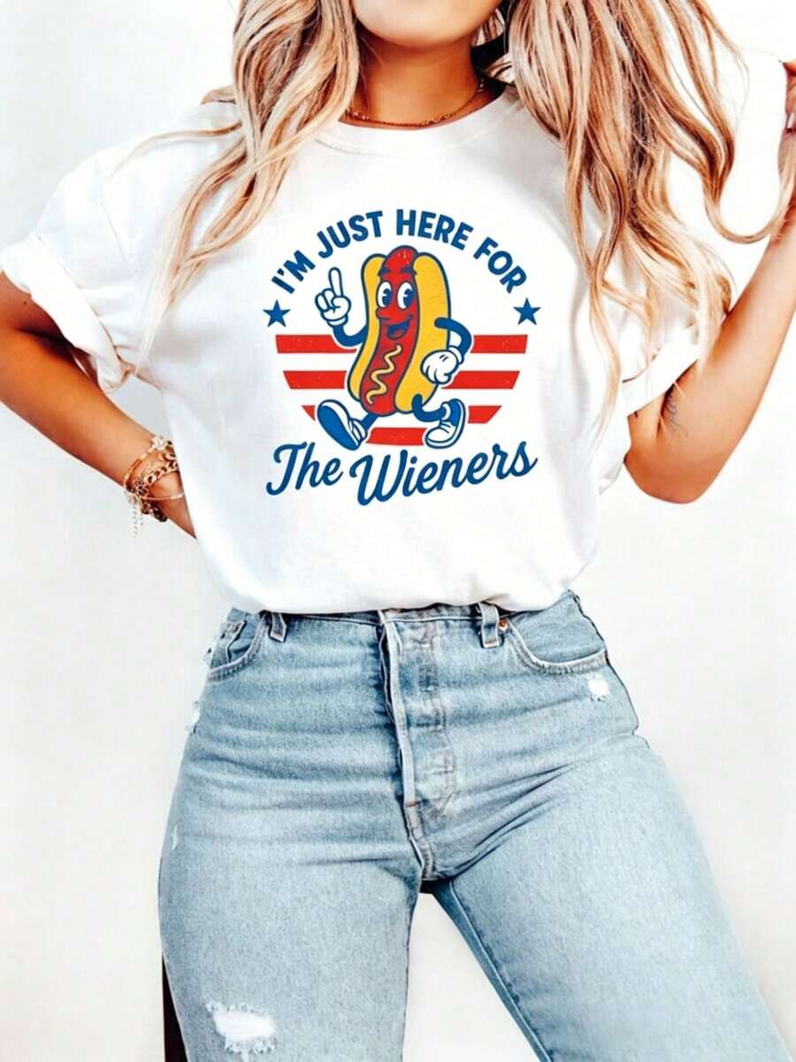 "4th Of July Just For Hot Dogs" T-Shirt, Funny Hot Dog T-Shirt, Independence Day T-Shirt, Retro American Patriotic Hot Dog T-Shirt - 白色 - 查看 1