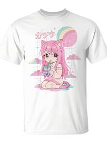 Camiseta Unisex de Anime Girl Boba Bubble Tea Kawaii para Uso Diario 2025, Divertida, Novedosa, de Navidad, para Hombre, Verano, Moda Urbana, Alta Calidad, Cómoda, Casual, Estampada, 100% Algodón 220G |   Diseño exquisito |   Suelto y cómodo |   Fácil de combinar | - Blanco - Ver 8