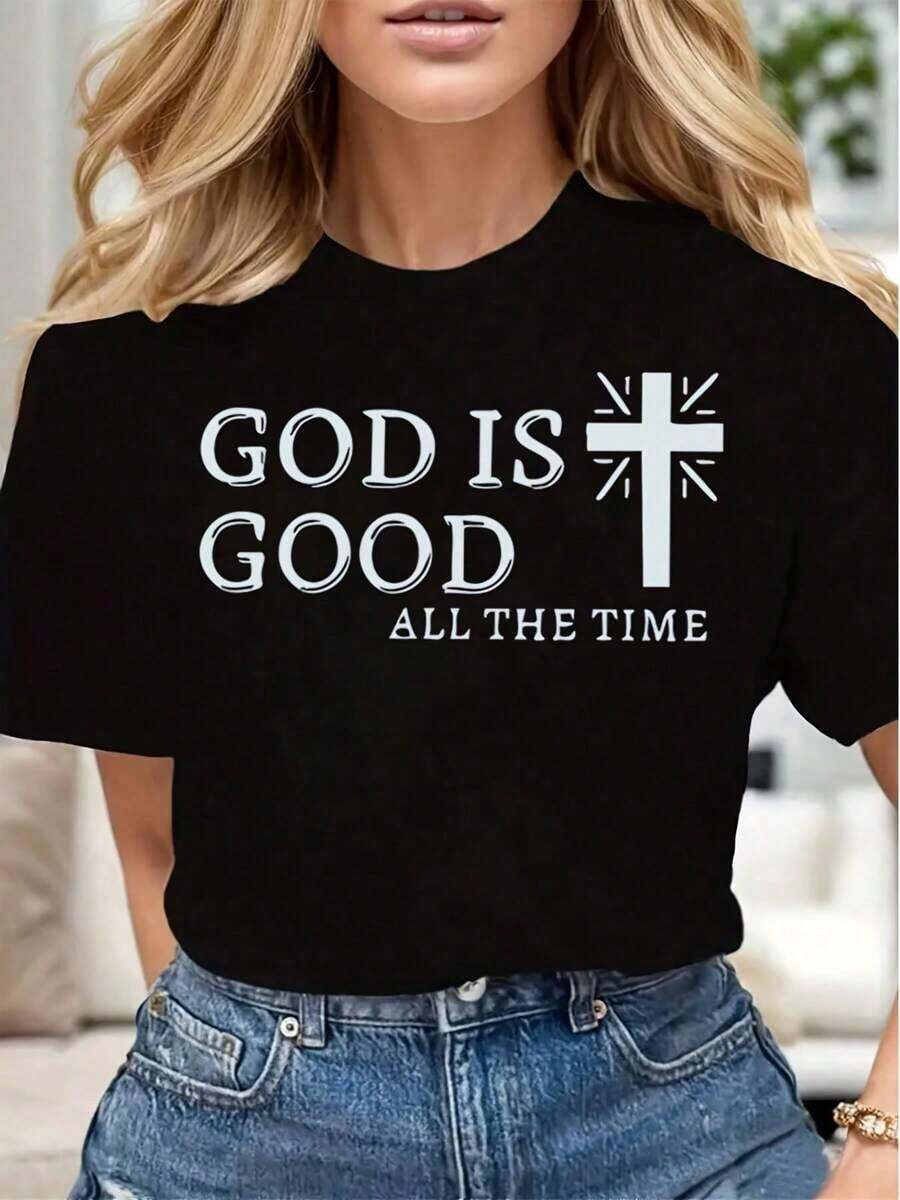 Dios es bueno en todo momento, camiseta casual para mujer con estampado de cruz, suave y cómoda, regalo cristiano para Navidad, Pascua y días festivos religiosos. - Negro - Ver 1