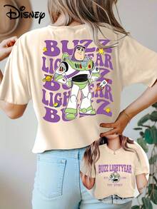 Disney Official Licensed Buzz Lightyear Toy Story Double Sided Print T-Shirt For Women, EST. 1995 Retro Print Graphic Tee, 100% Cotton Oversized Casual Top - Apricot - View 1