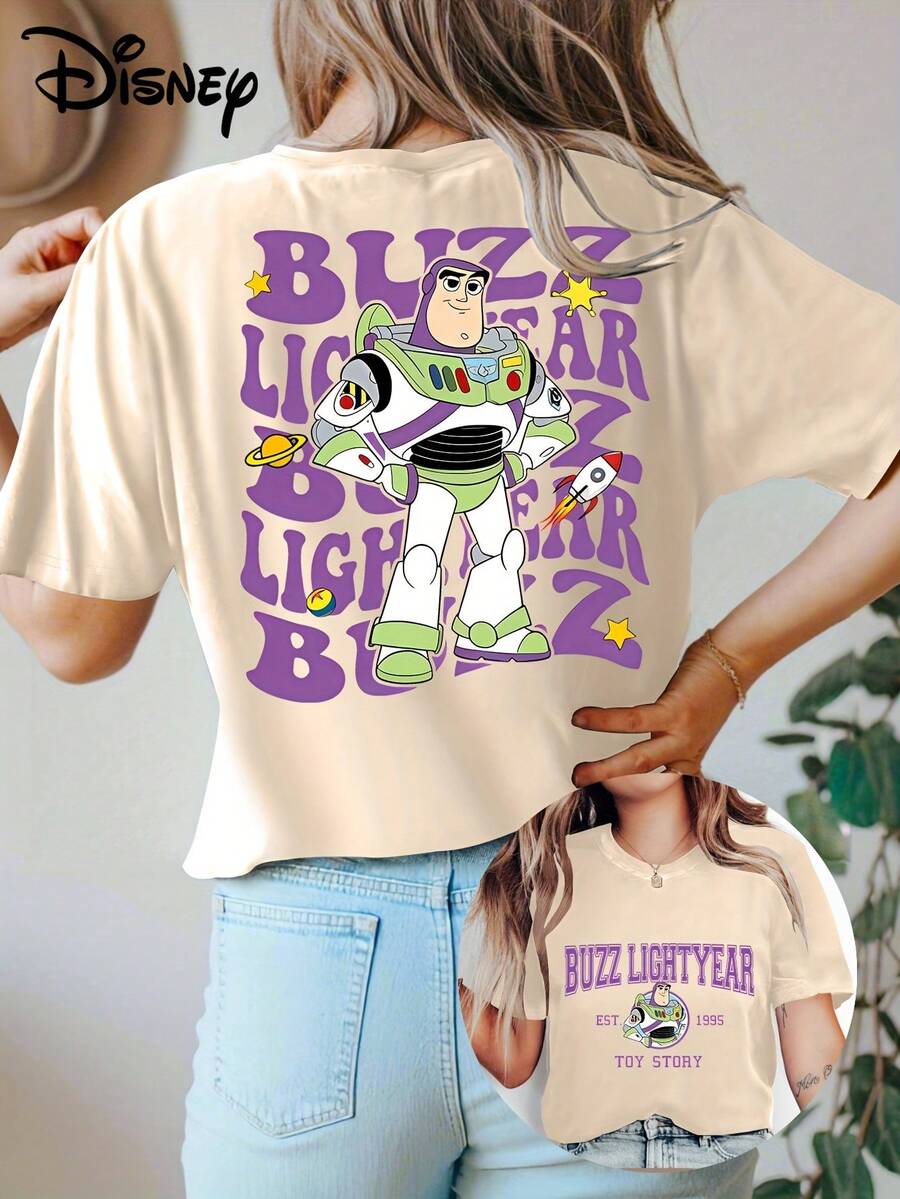 Disney Official Licensed Buzz Lightyear Toy Story Double Sided Print T-Shirt For Women, EST. 1995 Retro Print Graphic Tee, 100% Cotton Oversized Casual Top - Apricot - View 1