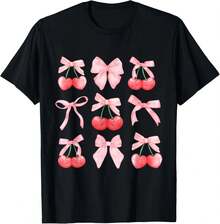 Camiseta para Niñas con Lazo Rosa y Cerezas Rojas Estilo Coquette, para Hombres y Mujeres, Camiseta Negra, Talla: Extra Grande - Negro - Ver 1