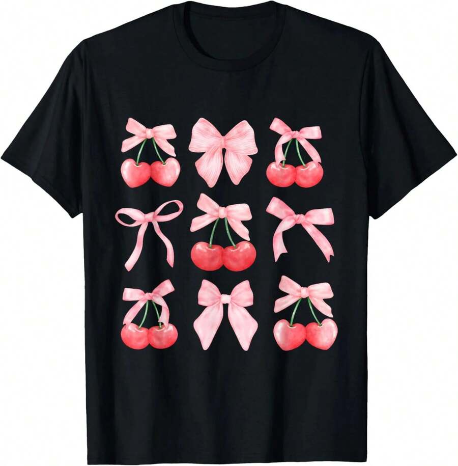 Camiseta para Niñas con Lazo Rosa y Cerezas Rojas Estilo Coquette, para Hombres y Mujeres, Camiseta Negra, Talla: Extra Grande - Negro - Ver 1