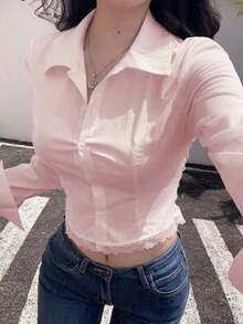 Camisa elegante de manga larga para mujer con pespunte de espina de pescado, empalme con adorno de encaje, ajuste ceñido, adecuada para uso en la oficina, primavera/verano - Burdeos - Ver 4