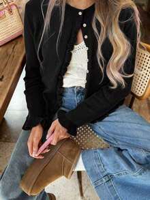 Nuevo suéter de punto de manga larga con cuello en V negro sólido, elegante y de moda, cárdigan con volantes ideal para el día a día, cárdigan ajustado versátil y casual para uso diario - Negro - Ver 10