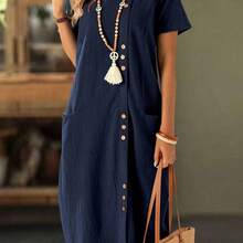 MewMuse. Faunlyn Vestido de bolsillo doble con botones frontales de unicolor para vacaciones casual - Blanco - Ver 8