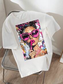 Camiseta Casual de Manga Corta Estilo Y2K Sweet Cool con Arte de Graffiti para Mujer, blusas para mujer, blusas, blusas casuales para mujer, tops para mujer, tops, unisex. - Blanco - Ver 6