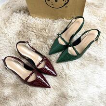 Burgundy / Dark Green Stone-Patterned Pointed-Toe Women'S High-Heeled Sandals | Metal Buckle + Decorative Heel | Patent Material | Vintage Luxury, Comfortable And Elegant To Wear, Stable And Height-Increasing | Suitable For Parties Or Commuting - 墨綠色 - 查看 2