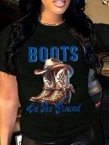 1 pieza Camiseta Gráfica "Botas en el Suelo" con Diseño de Botas de Vaquero Occidental para Mujer, Estilo Country, Top de Moda, Ropa Casual, 180g Algodón 100% - Negro - Ver 12