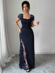 Vestido entallado con bordado de red para fiesta, banquete, primavera/verano, vacaciones - Negro - Ver 9