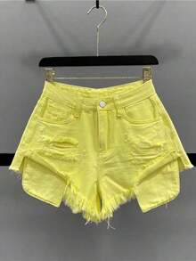 Distressed Denim Shorts, High Waisted Ripped Shorts, Light Wash Frayed Denim, Extreme Tassel Hem Shorts, Vintage American Style Denim, Y2K Streetwear Shorts, Grunge Festival Shorts, Side Slit Denim Shorts, Raw Hem Distressed Shorts, Women's Edgy Denim Shorts - 黑色 - 查看 4