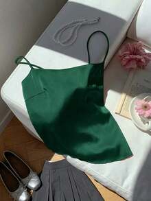 Top tipo tirantes para mujer sin espalda con lazo en color marrón chocolate satinado - Verde Oscuro - Ver 2