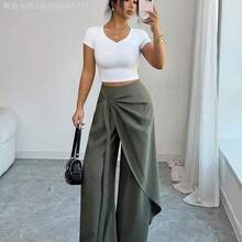 MewMuse. Elenzya Pantalones sueltos asimétricos elegantes y casuales para mujer - Verde - Ver 6