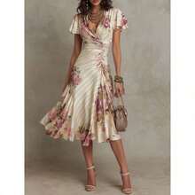 Vestido elegante de manga corta con volantes y cuello estampado, ideal para fiestas - Blanco marfil - Ver 1